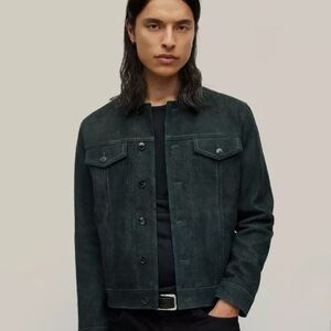 NWT John Varvatos Dark Green Leather Suede Starr Trucker Jacket